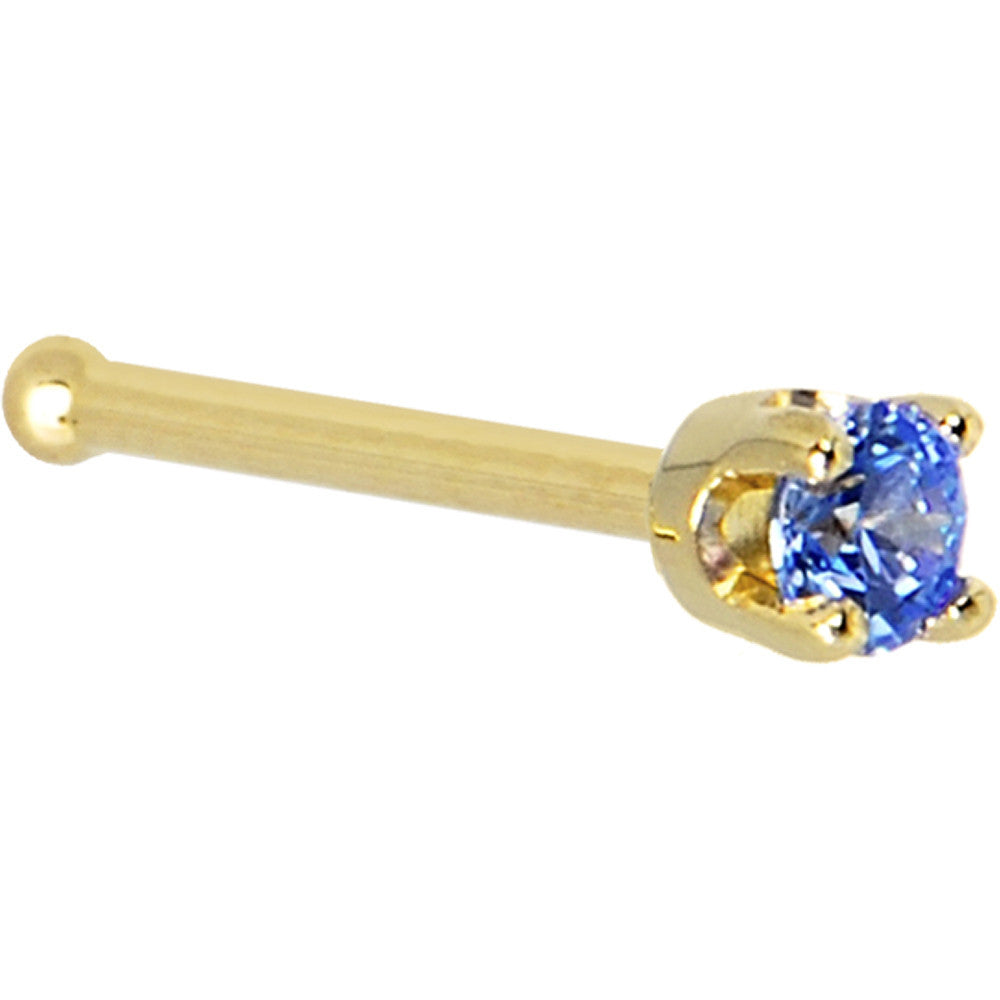 Solid 14K Yellow Gold 2mm Arctic Blue Cubic Zirconia Nose Ring
