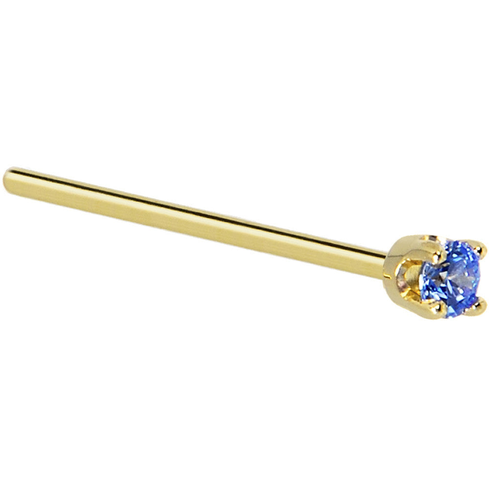 Solid 14K Yellow Gold 2mm Arctic Blue Cubic Zirconia Nose Ring