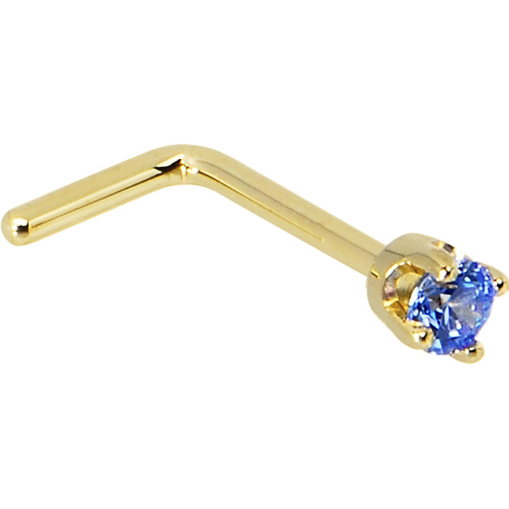 Solid 14K Yellow Gold 2mm Arctic Blue Cubic Zirconia Nose Ring
