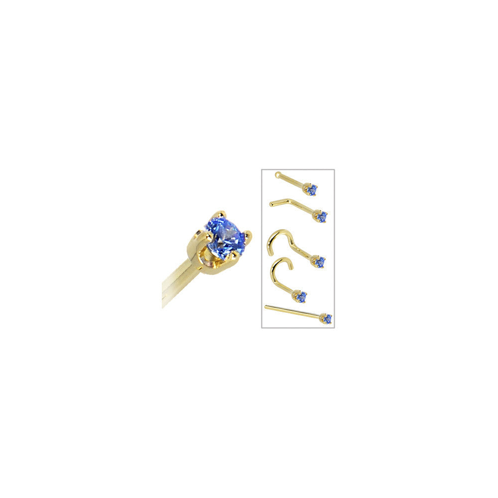 Solid 14K Yellow Gold 2mm Arctic Blue Cubic Zirconia Nose Ring