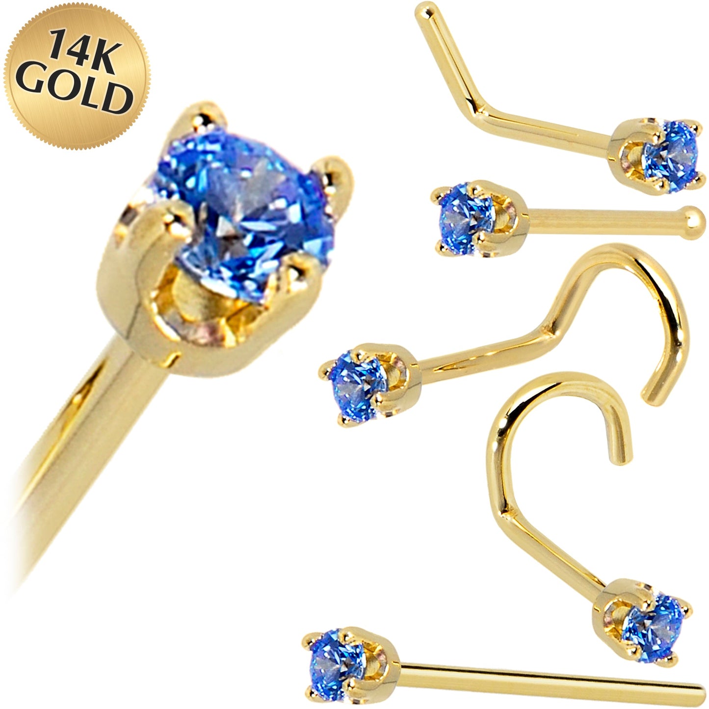 Solid 14K Yellow Gold 2mm Arctic Blue Cubic Zirconia Nose Ring