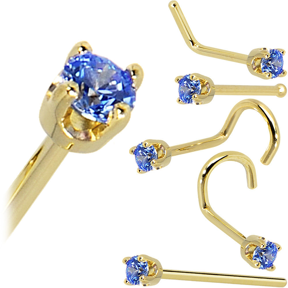 Solid 14K Yellow Gold 2mm Arctic Blue Cubic Zirconia Nose Ring