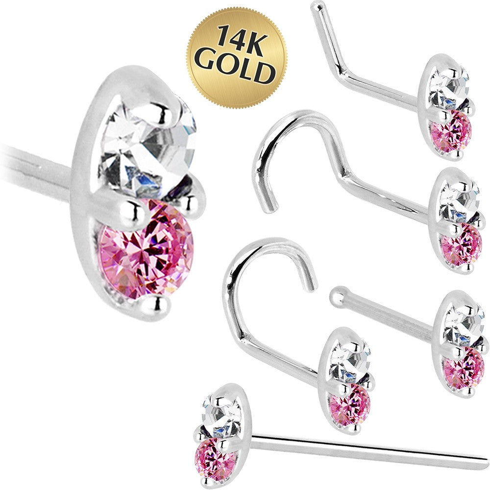 14k White Gold 1.5mm Genuine Pink Sapphire Diamond Marquise Nose Ring