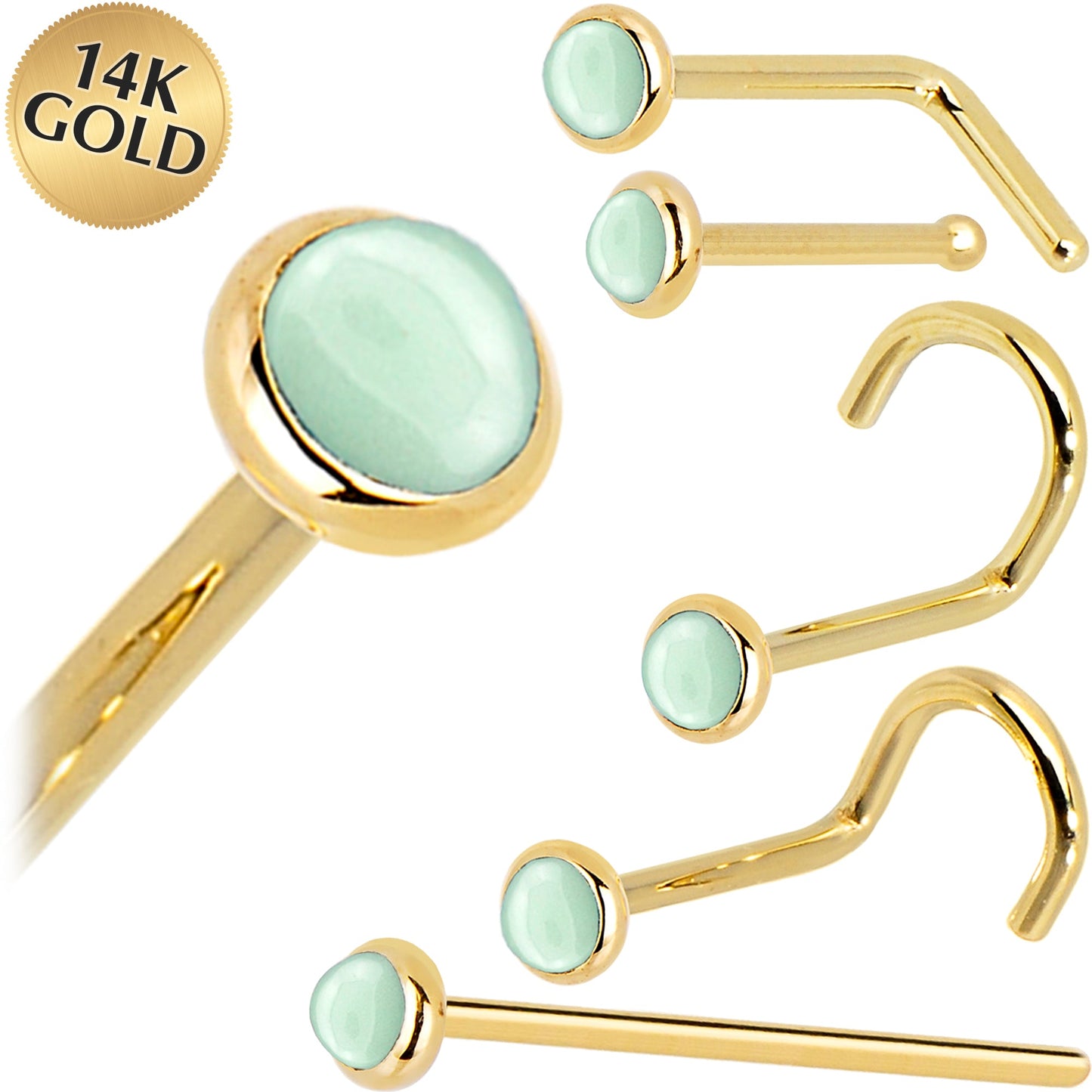 Solid 14K Yellow Gold 2mm Aventurine Quartz Nose Ring