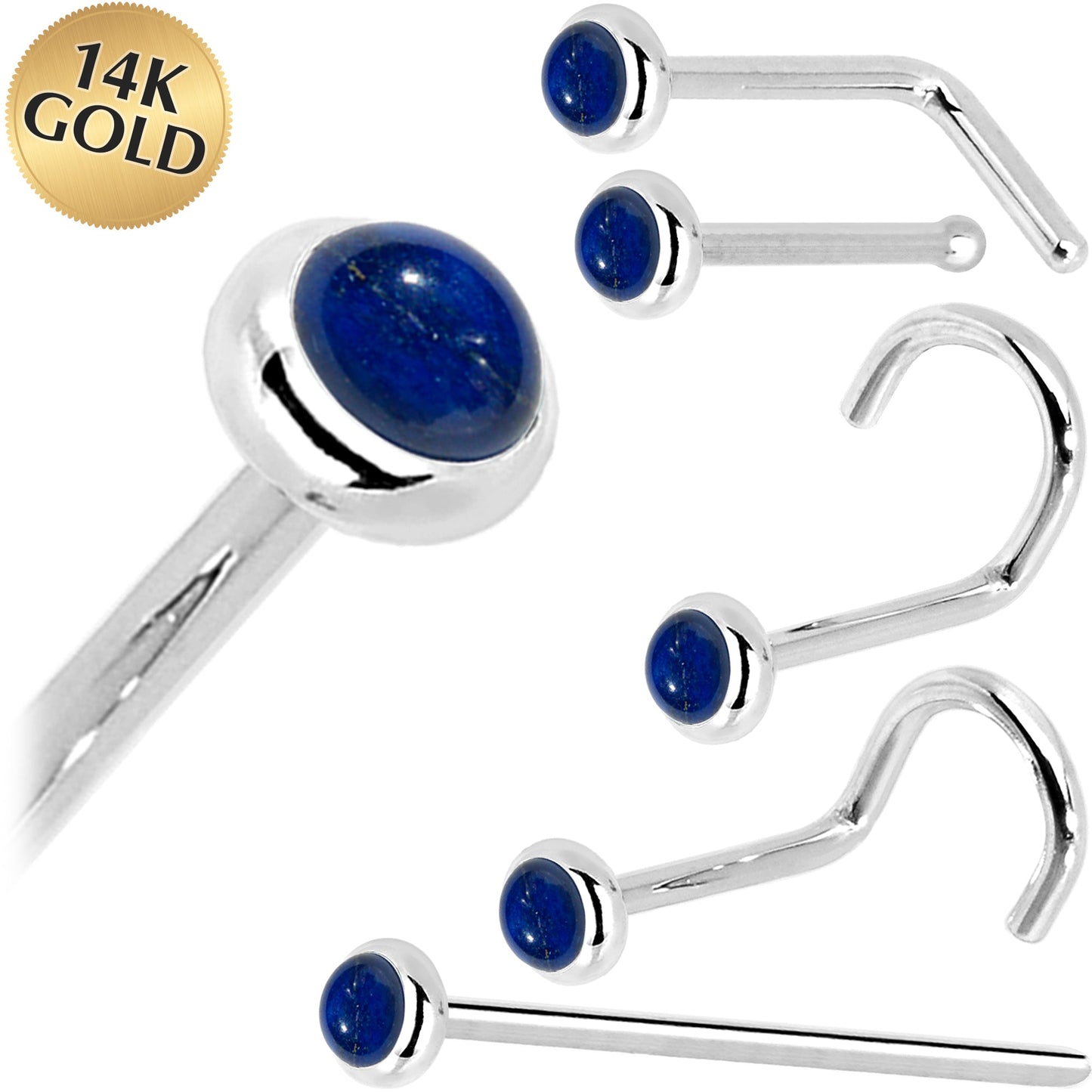 Solid 14K White Gold 2mm Lapis Lazuli Straight Nose Ring