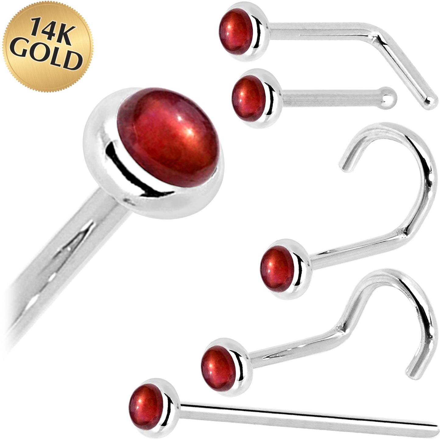 Solid 14K White Gold 2mm Red Garnet Nose Ring