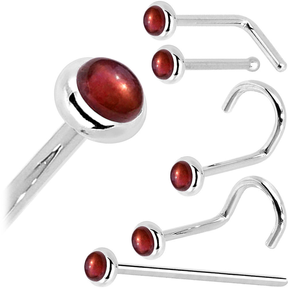 Solid 14K White Gold 2mm Red Garnet Nose Ring