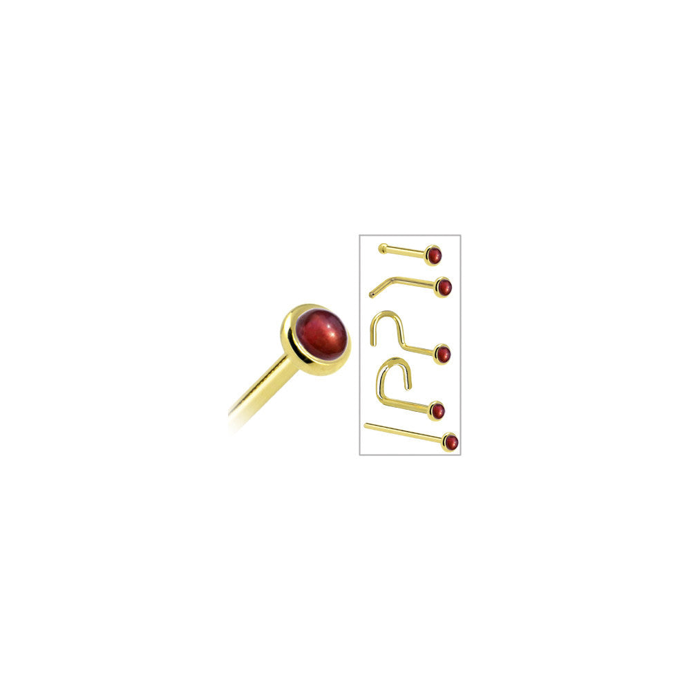 Solid 14K Yellow Gold 2mm Red Garnet Nose Ring