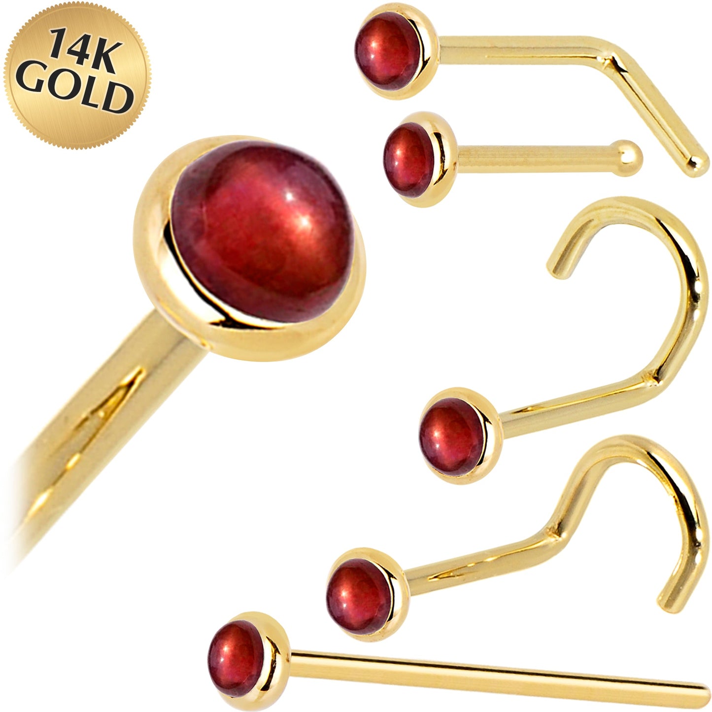 Solid 14K Yellow Gold 2mm Red Garnet Nose Ring