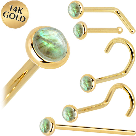 Solid 14K Yellow Gold 2mm Labradorite Nose Ring