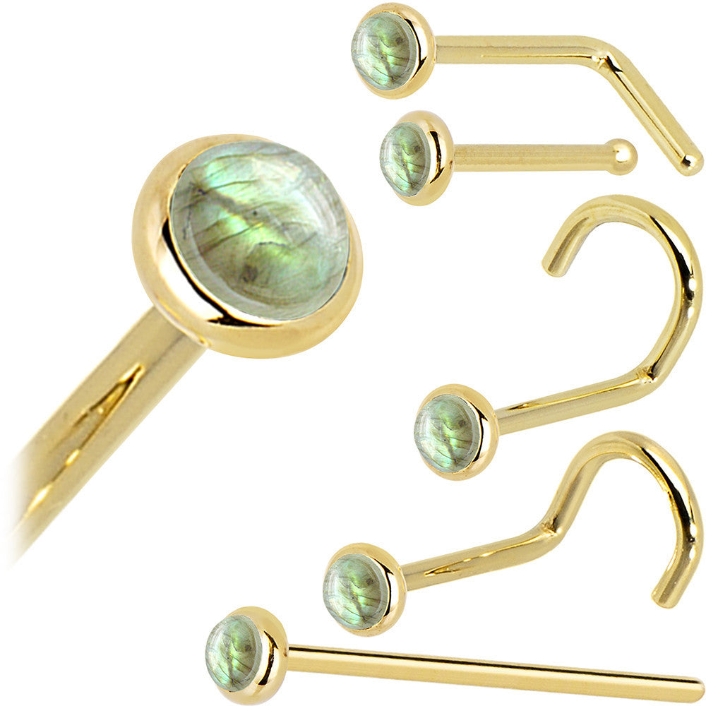 Solid 14K Yellow Gold 2mm Labradorite Nose Ring