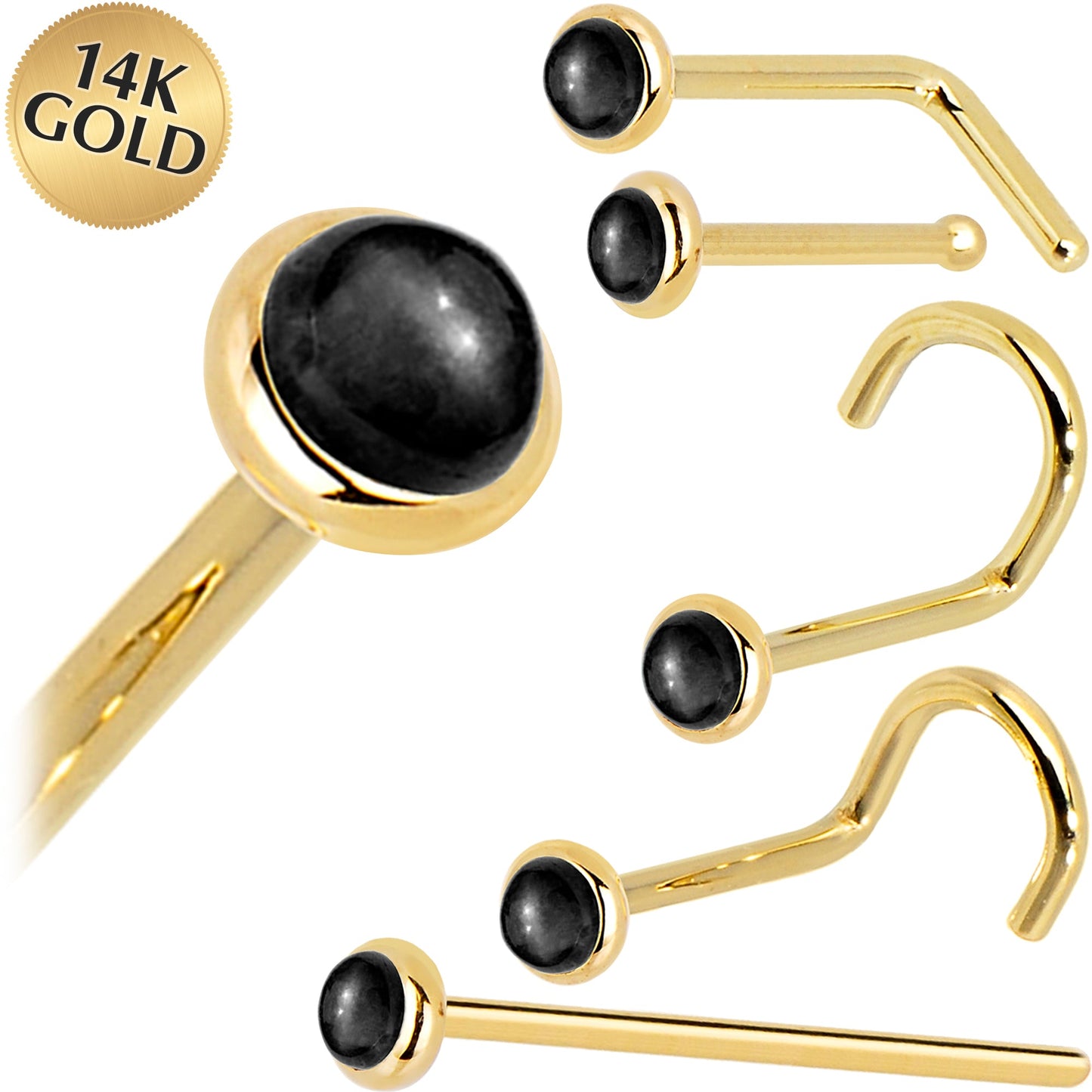Solid 14K Yellow Gold 2mm Onyx Nose Ring