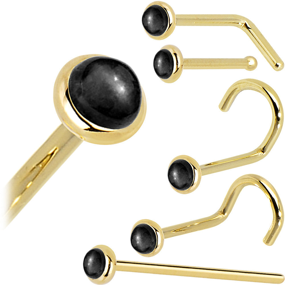 Solid 14K Yellow Gold 2mm Onyx Nose Ring