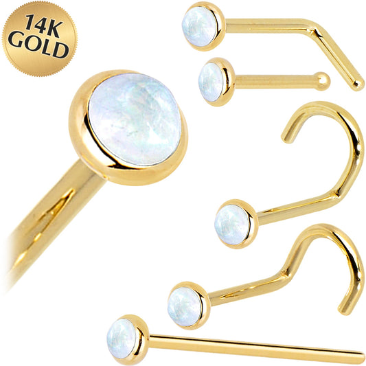Solid 14K Yellow Gold 2mm Rainbow Moonstone Nose Ring