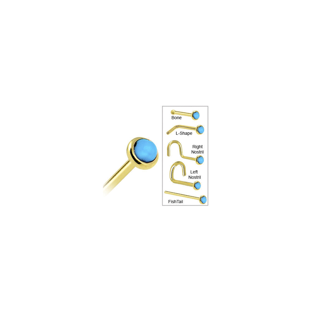 Solid 14K Yellow Gold 2mm Turquoise Nose Ring