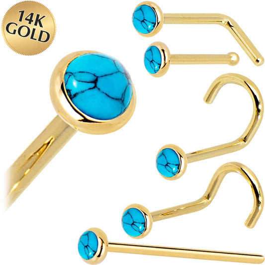 Solid 14K Yellow Gold 2mm Turquoise Nose Ring