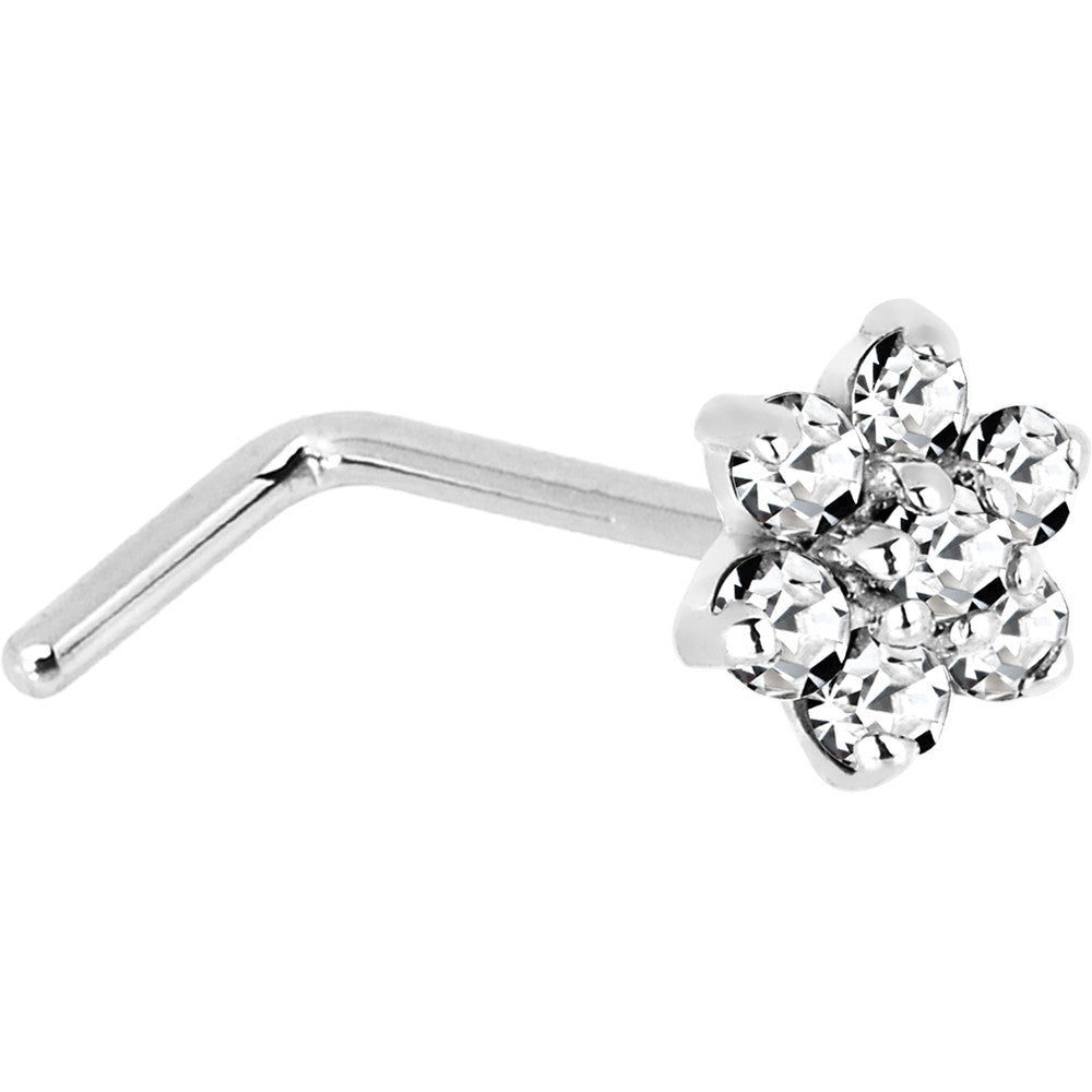 Solid 14K White Gold Clear Cubic Zirconia Flower Nose Ring