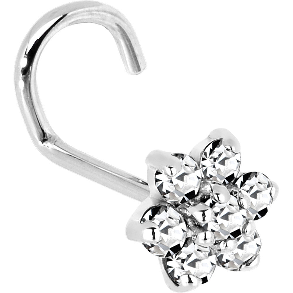 Solid 14K White Gold Clear Cubic Zirconia Flower Nose Ring