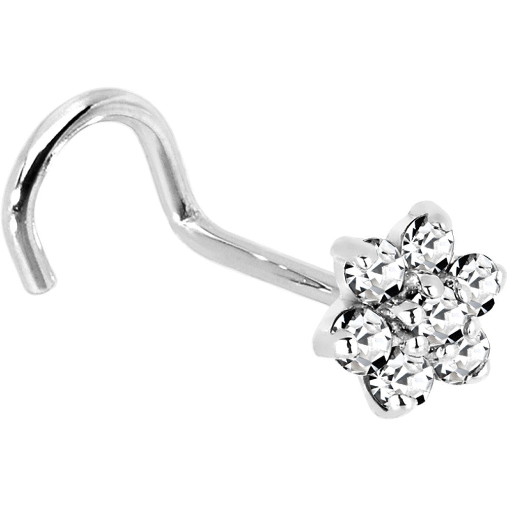 Solid 14K White Gold Clear Cubic Zirconia Flower Nose Ring