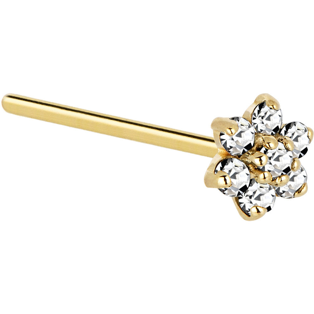 Solid 14K Yellow Gold Clear Cubic Zirconia Flower Nose Ring