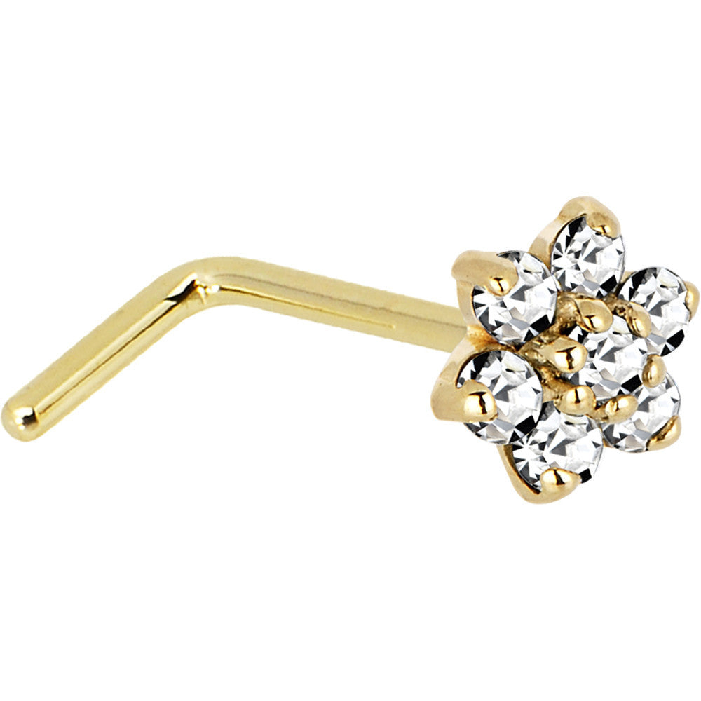 Solid 14K Yellow Gold Clear Cubic Zirconia Flower Nose Ring