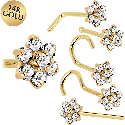 Solid 14K Yellow Gold Clear Cubic Zirconia Flower Nose Ring