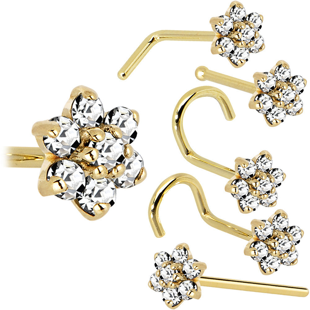 Solid 14K Yellow Gold Clear Cubic Zirconia Flower Nose Ring