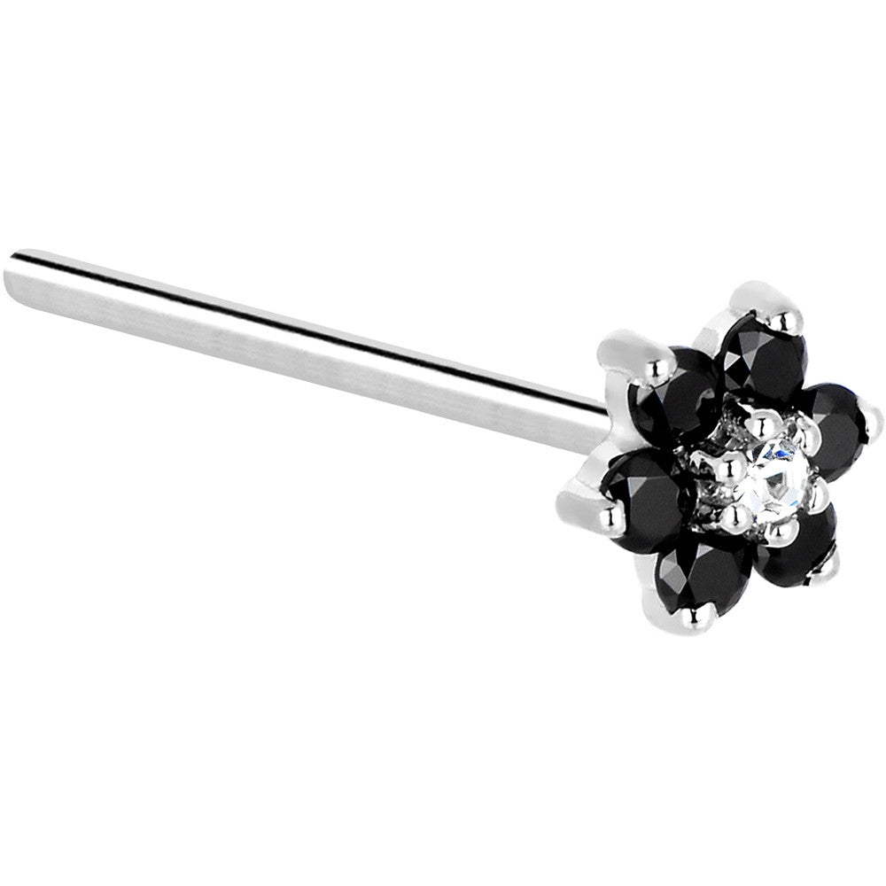 Solid 14K White Gold Black and Clear Cubic Zirconia Flower Nose Ring