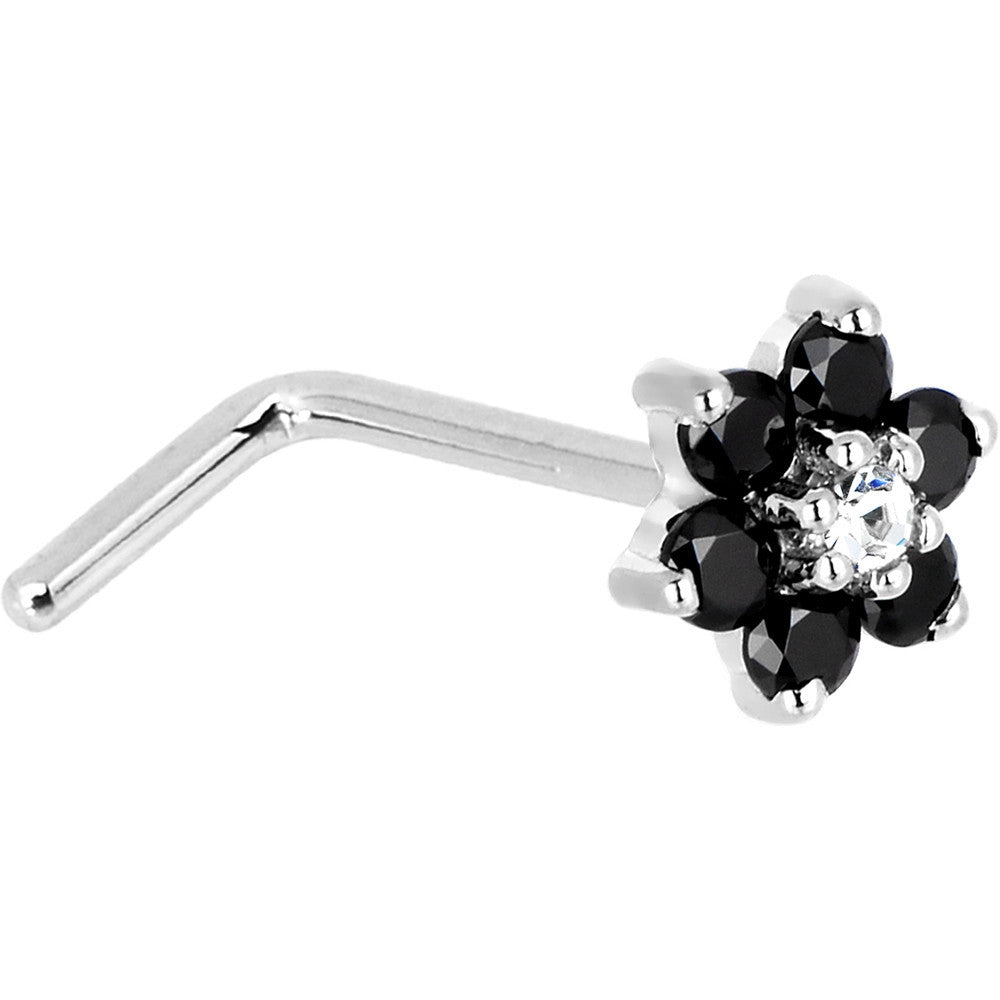 Solid 14K White Gold Black and Clear Cubic Zirconia Flower Nose Ring
