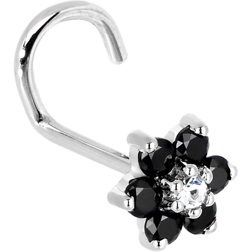 Solid 14K White Gold Black and Clear Cubic Zirconia Flower Nose Ring