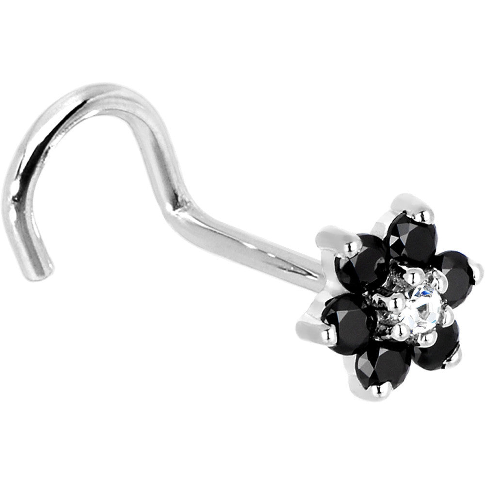Solid 14K White Gold Black and Clear Cubic Zirconia Flower Nose Ring