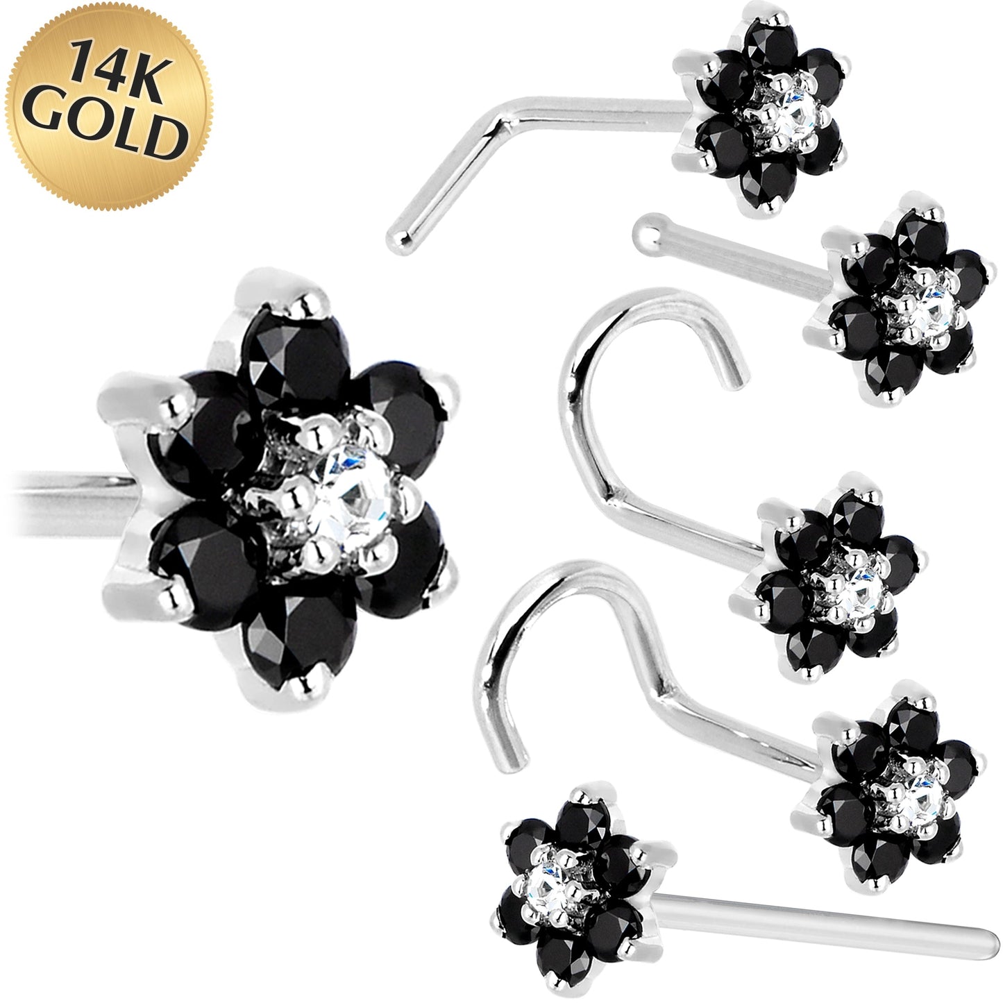 Solid 14K White Gold Black and Clear Cubic Zirconia Flower Nose Ring