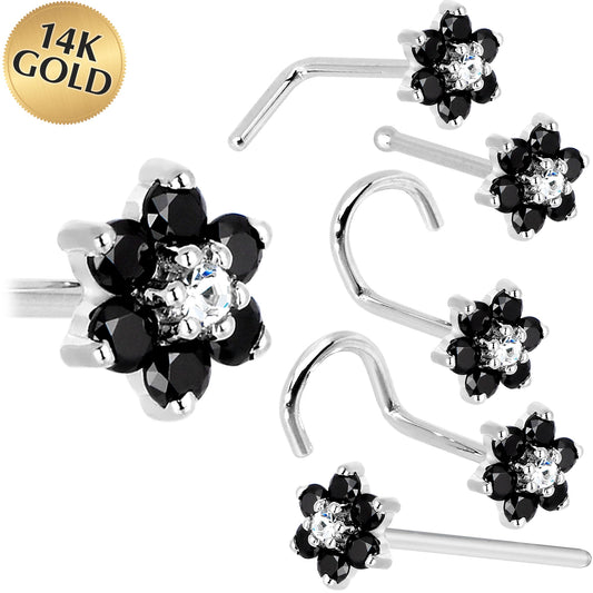 Solid 14K White Gold Black and Clear Cubic Zirconia Flower Nose Ring