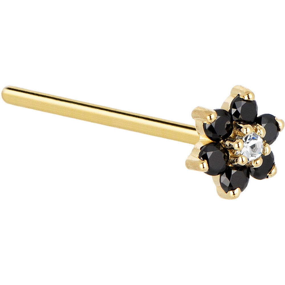 Solid 14K Yellow Gold Black and Clear Cubic Zirconia Flower Nose Ring