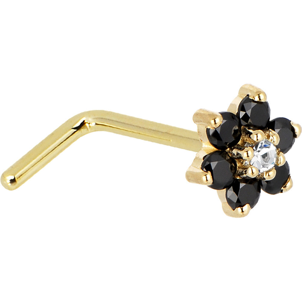 Solid 14K Yellow Gold Black and Clear Cubic Zirconia Flower Nose Ring
