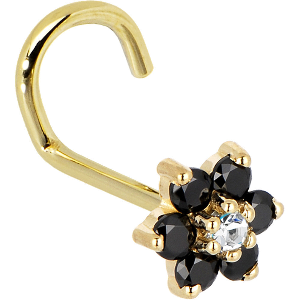 Solid 14K Yellow Gold Black and Clear Cubic Zirconia Flower Nose Ring