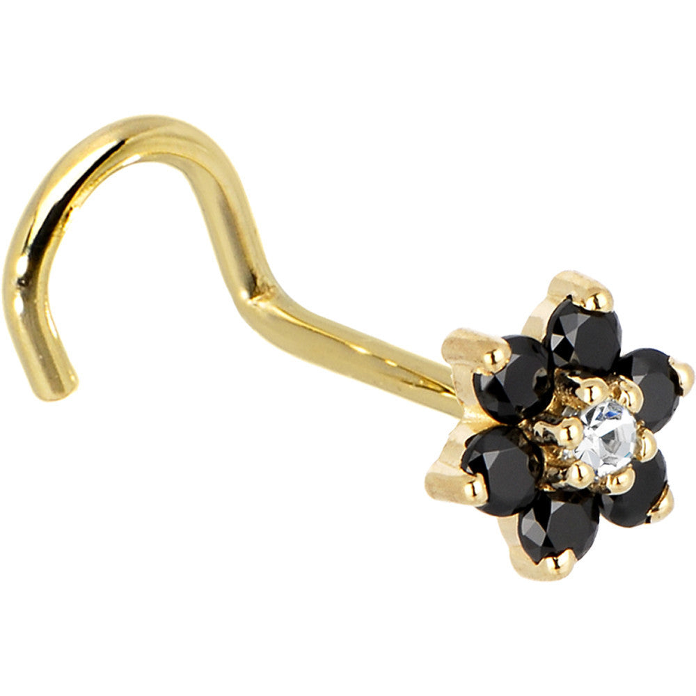 Solid 14K Yellow Gold Black and Clear Cubic Zirconia Flower Nose Ring
