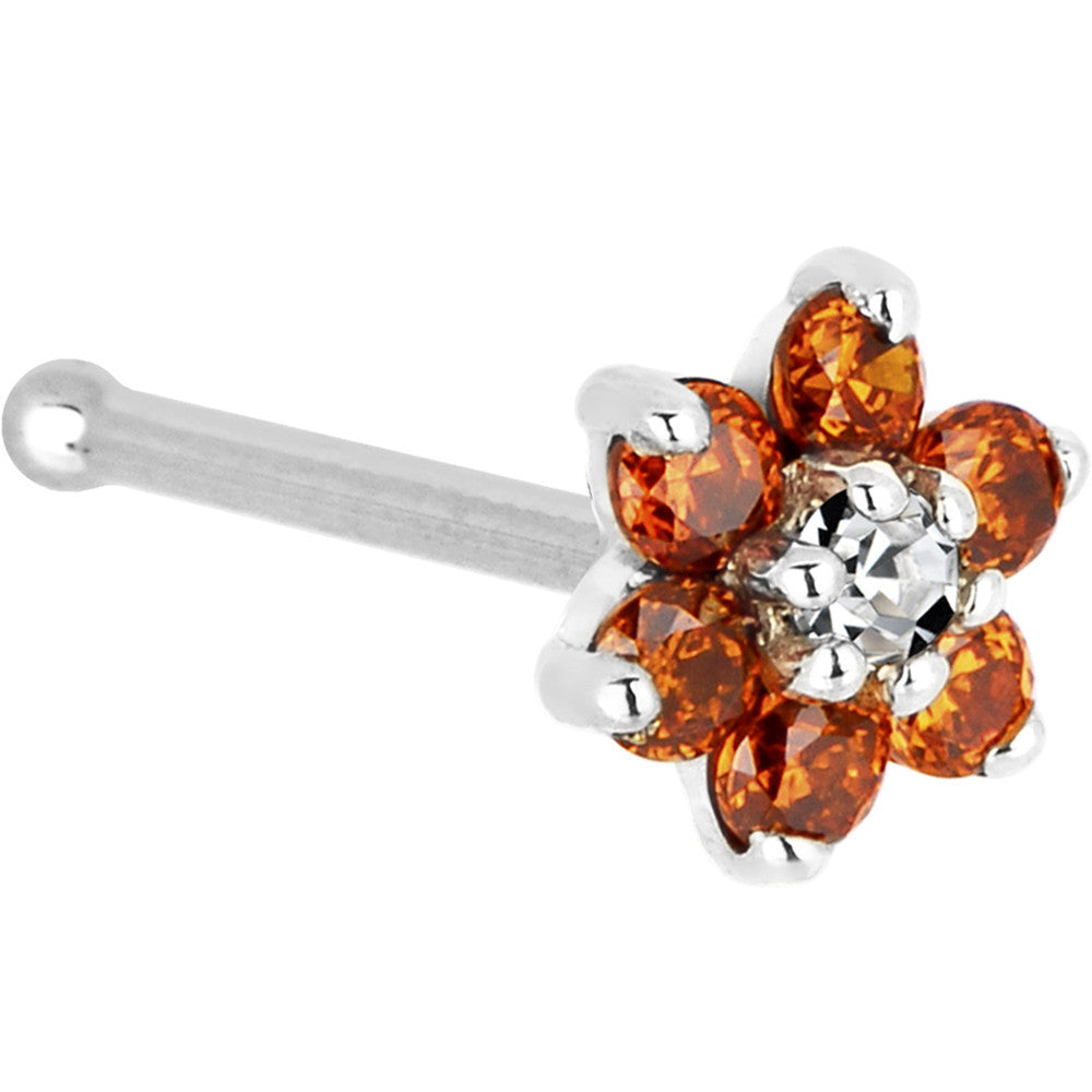 Solid 14K White Gold Orange and Clear Cubic Zirconia Flower Nose Ring