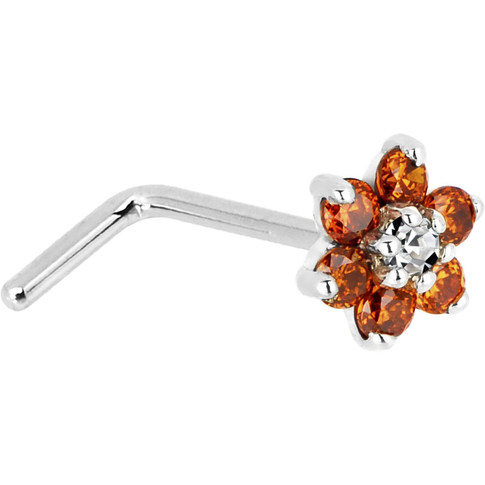 Solid 14K White Gold Orange and Clear Cubic Zirconia Flower Nose Ring