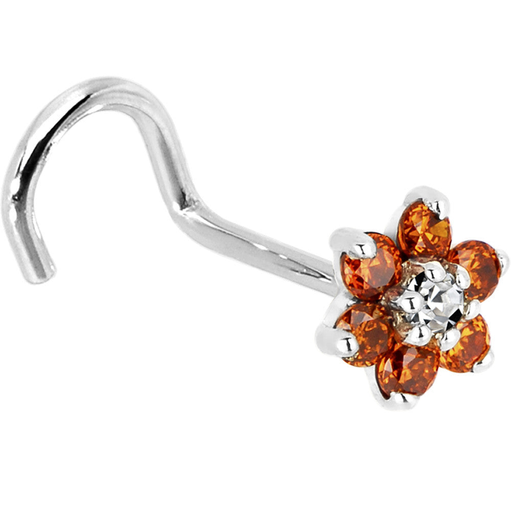 Solid 14K White Gold Orange and Clear Cubic Zirconia Flower Nose Ring