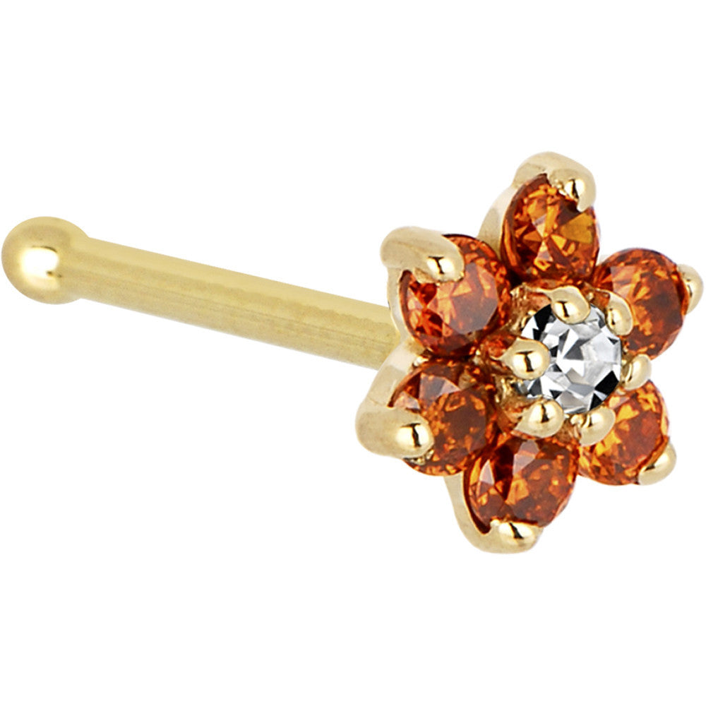 Solid 14K Yellow Gold Orange and Clear Cubic Zirconia Flower Nose Ring