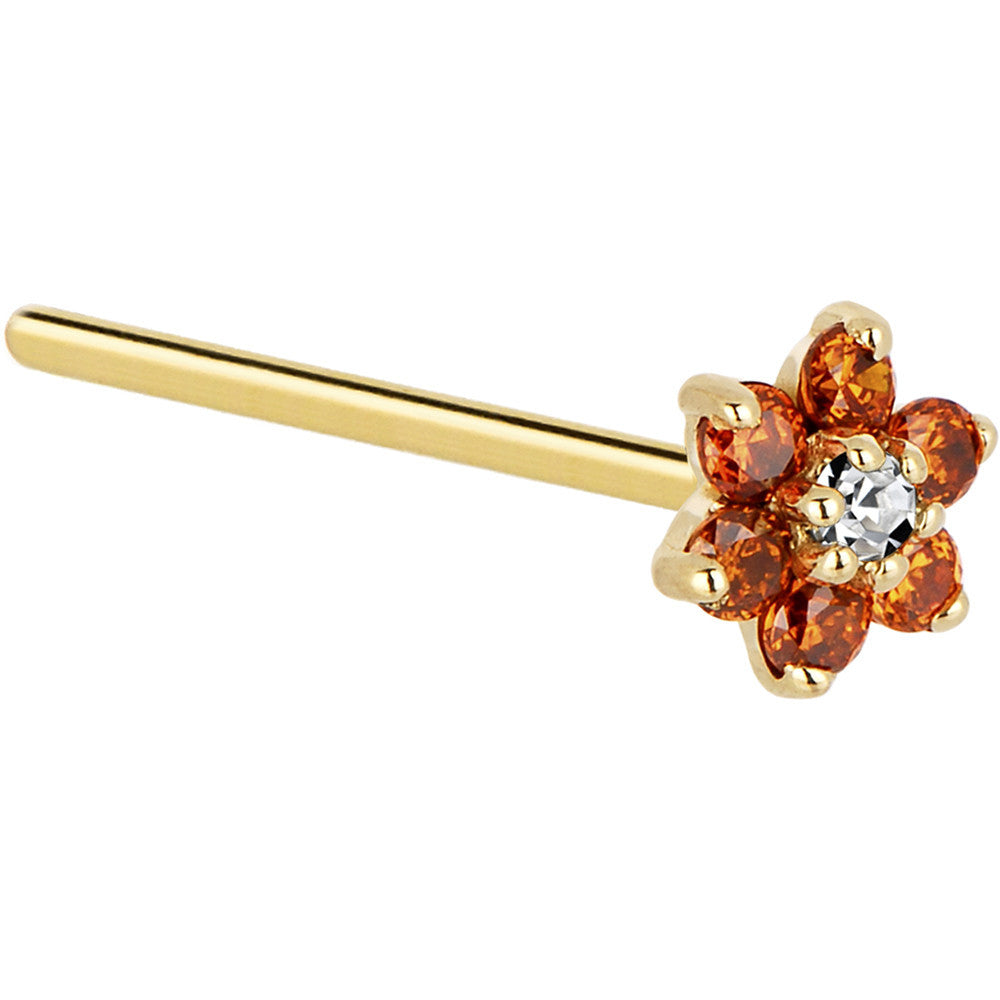 Solid 14K Yellow Gold Orange and Clear Cubic Zirconia Flower Nose Ring