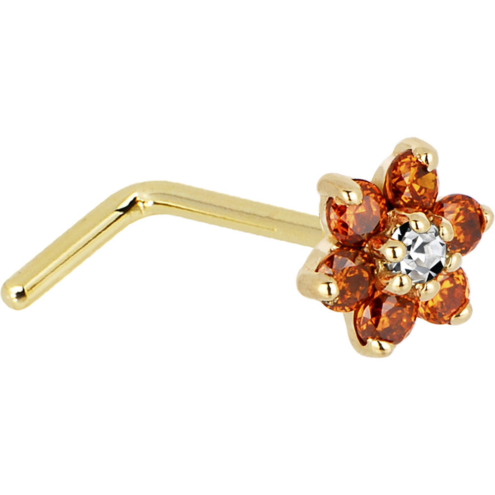 Solid 14K Yellow Gold Orange and Clear Cubic Zirconia Flower Nose Ring