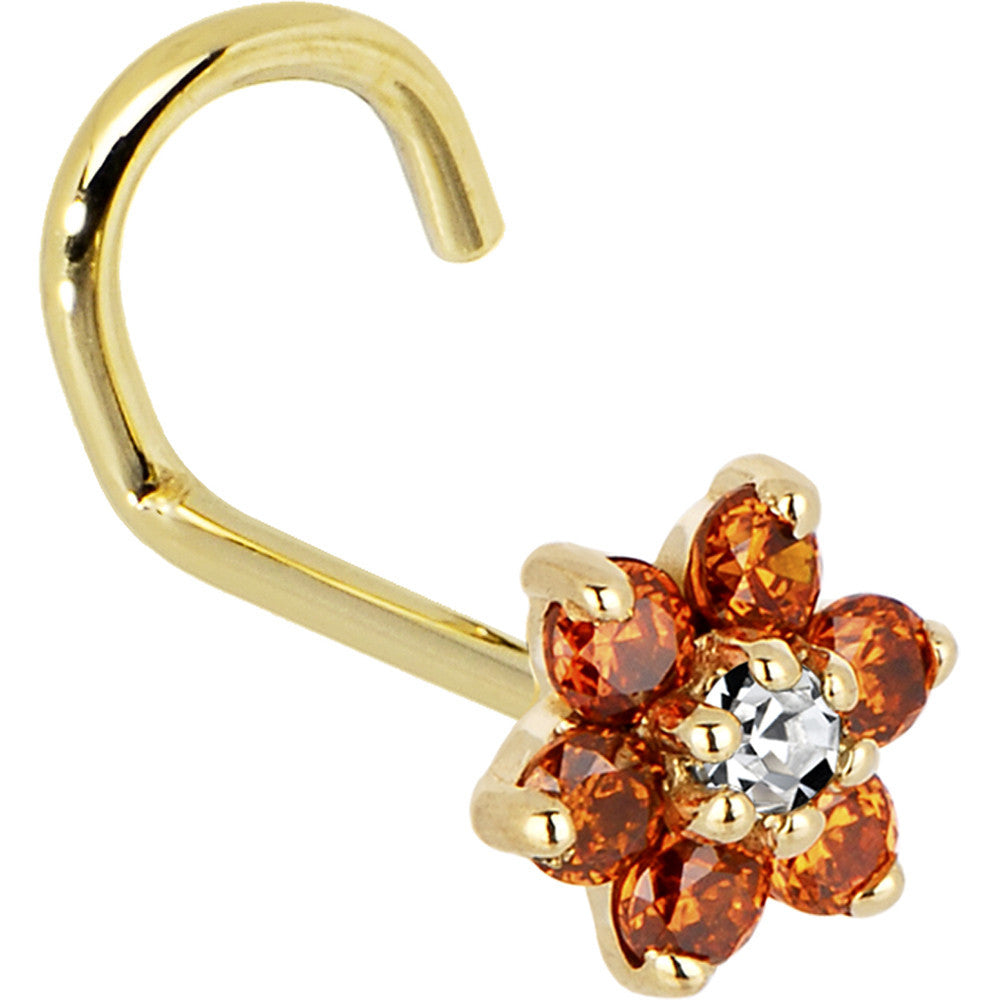 Solid 14K Yellow Gold Orange and Clear Cubic Zirconia Flower Nose Ring