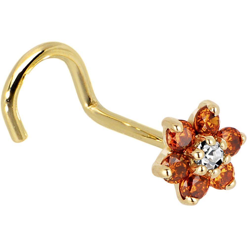 Solid 14K Yellow Gold Orange and Clear Cubic Zirconia Flower Nose Ring
