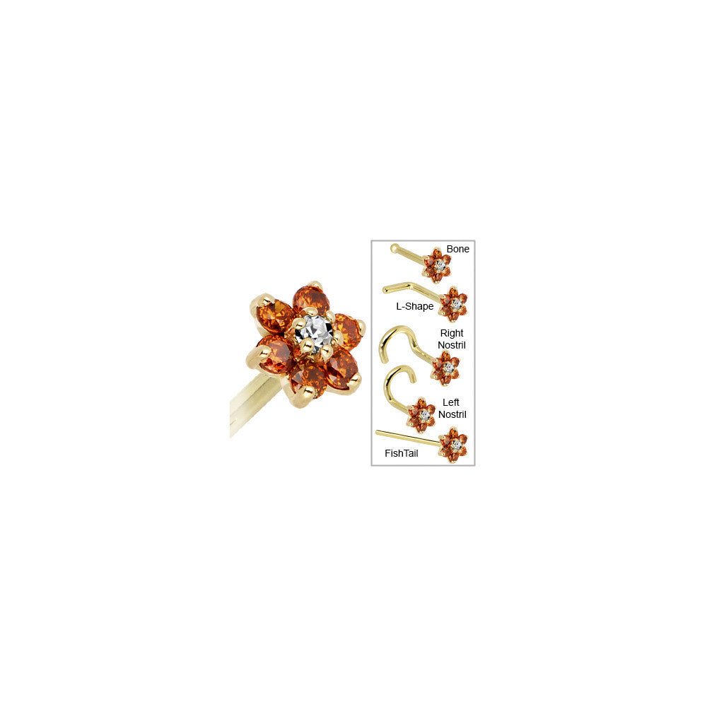 Solid 14K Yellow Gold Orange and Clear Cubic Zirconia Flower Nose Ring