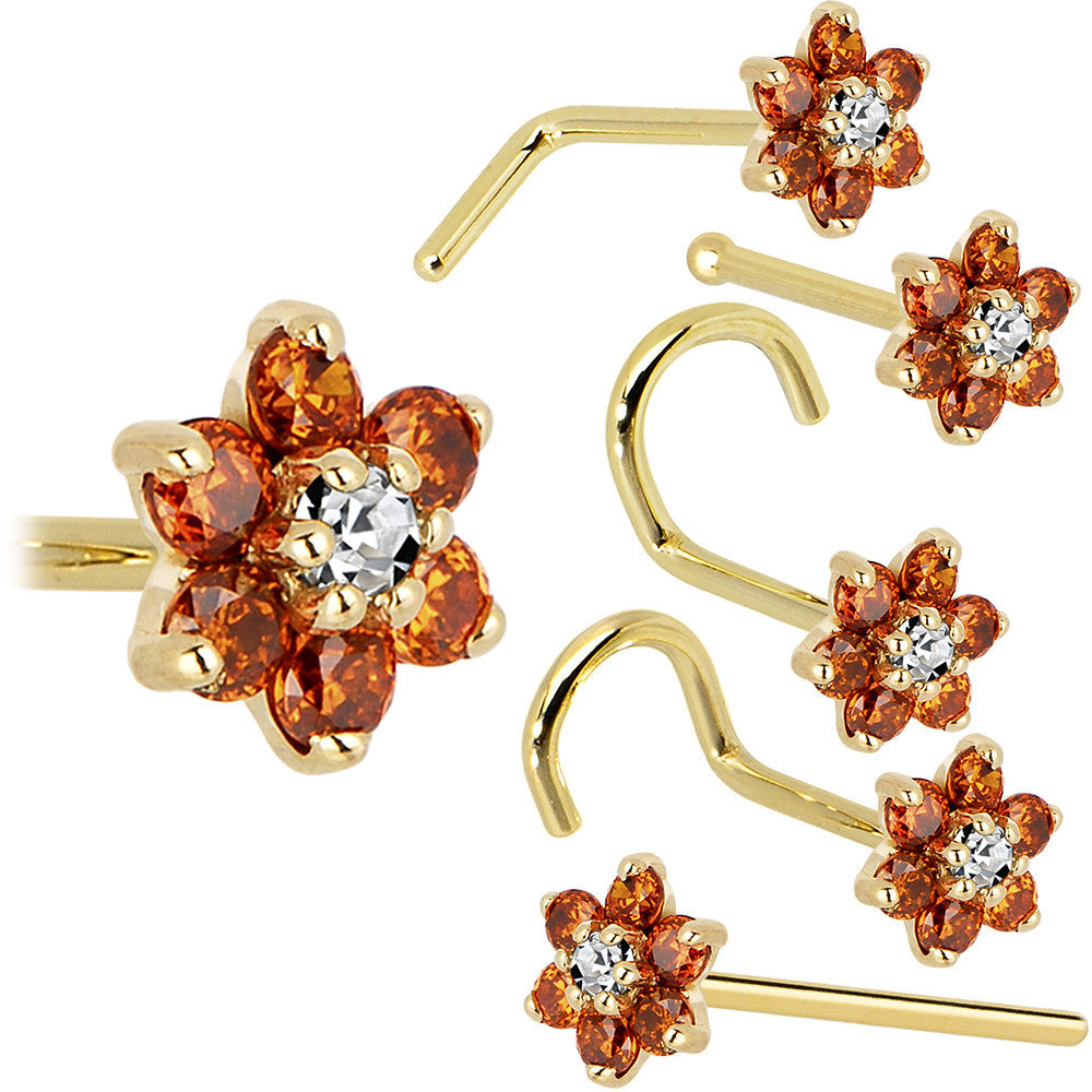 Solid 14K Yellow Gold Orange and Clear Cubic Zirconia Flower Nose Ring