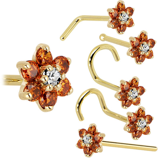 Solid 14K Yellow Gold Orange and Clear Cubic Zirconia Flower Nose Ring