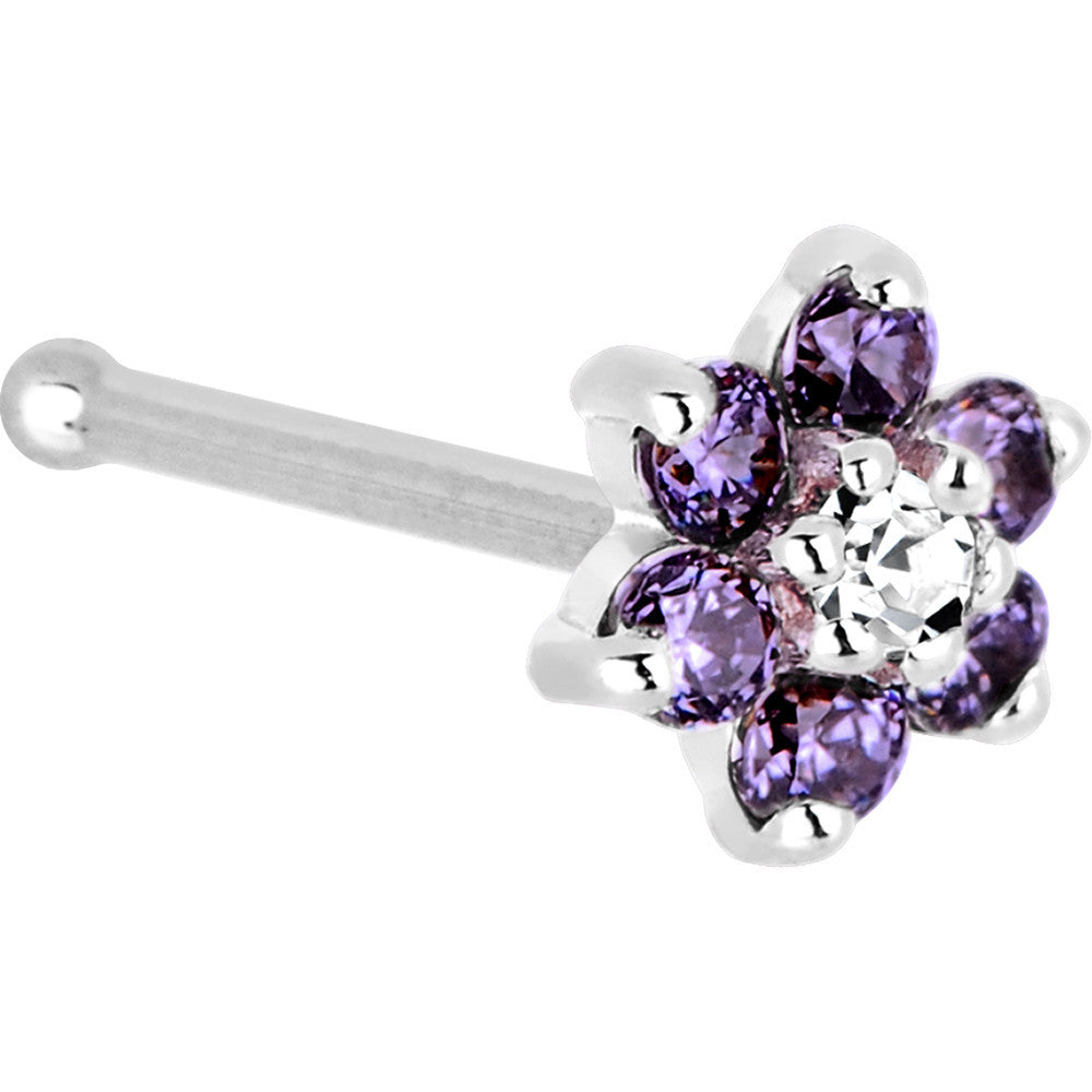 Solid 14K White Gold Amethyst and Clear Cubic Zirconia Flower Nose Ring