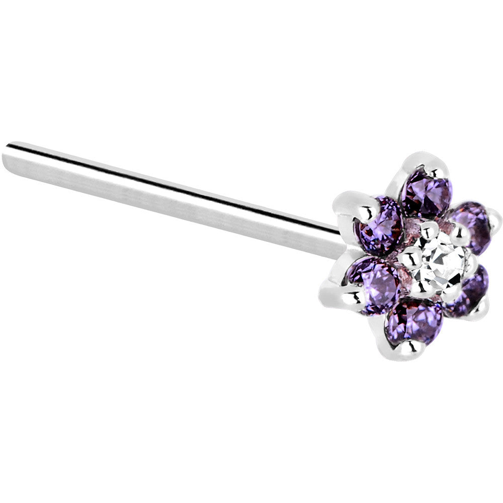 Solid 14K White Gold Amethyst and Clear Cubic Zirconia Flower Nose Ring